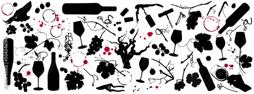 Silhouette drawings of wine elements. Stains and drops of wine, glass, bottle, tendrils, grapes, vine leaves, hand with glass, pruning shears, branches, corkscrew, grapevine. vector illustration