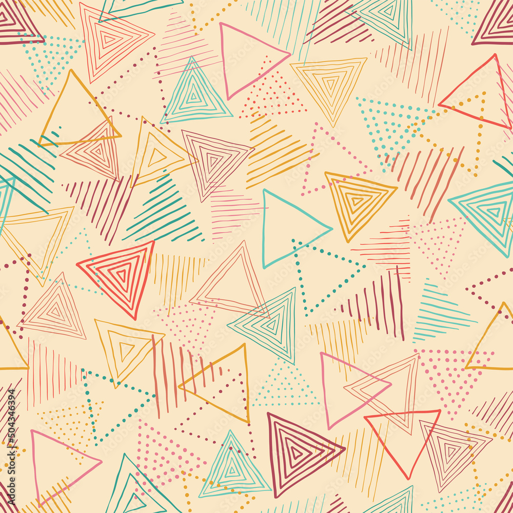 Fun and colorful seamless pattern with hand drawn triangles, great for wrapping, textiles, banners, wallpapers - vector surface design Fun and colorful seamless pattern with hand drawn triangles, great for wrapping, textiles, banners, wallpapers - vector surface design