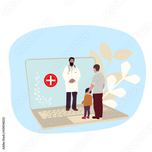 Father and daughter at doctor for online consultation in laptop. Telemedicine flat vector illustration