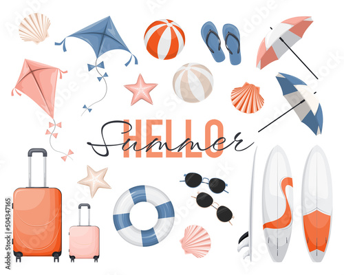 Set of blue, red and pink summer beach icons with surfboards, baggage, seashells, beach balls, umbrella, kites and sign