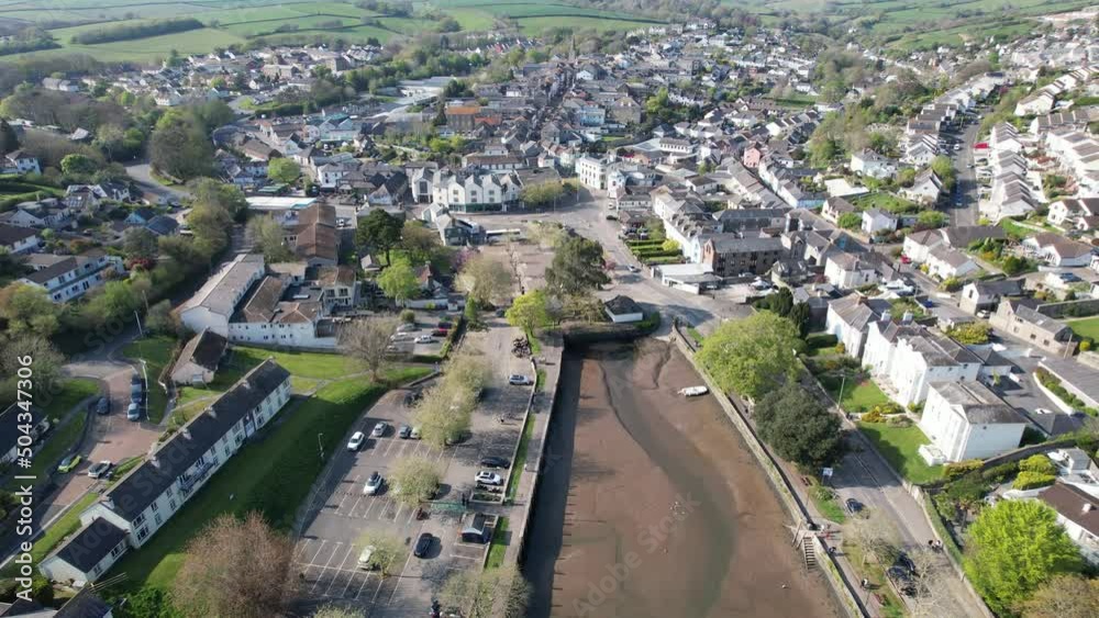 Kingsbridge Devon UK pull back reveal drone aerial view Kingsbridge Devon UK pull back reveal drone aerial view