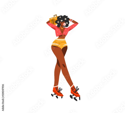 Hand drawn vector abstract flat stock modern graphic illustration character of young happy retro vintage disco african american girl roller skating,90 vintage print concept,retro vector people design.