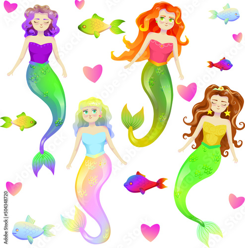 Vector set of mermaids. Cartoon mermaids princess with long hair of different colors for kids.