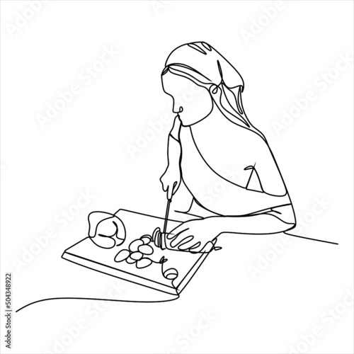 Single one line drawing of young happy attractive female chef slicing vegetables on wooden cutting board to prepare meal food. Modern template one line hand drawn vector illustration minimalism style
