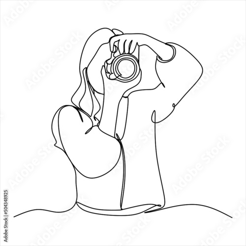 Single one line drawing photographer of paparazzi taking photo with modern digital camera with angles. Journalist or reporter making pictures. Continuous line draw design graphic vector illustration