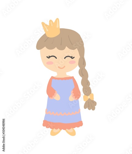 Hand-drawn cartoon princess with a long braid. Vector illustration for children's book, postcard, magazine.