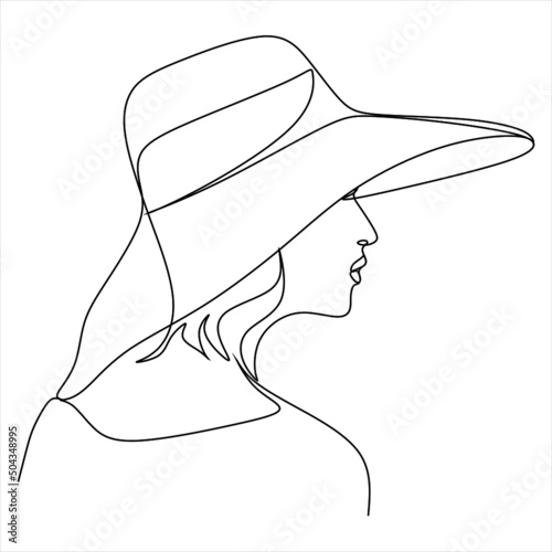 Woman in hat fashion line drawing, black and white illustration. Hand drawn vector element for fashion shop banner, logo, flyer, web design, advertisement. Minimalist portrait of female with abstract
