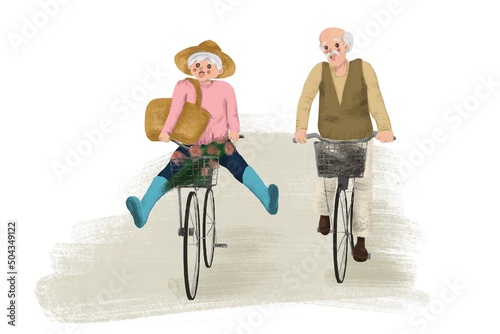 Old retired people couple having fun life after 50 age riding on the bicycle  photo