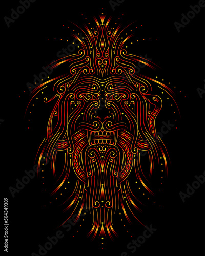 Illustration of angry lion who caught the snake. Visionary and neon psychedelic art style. Vector template. photo