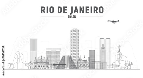 Rio De Janeiro (Brazil) line skyline with panorama in white background. Vector Illustration. Business travel and tourism concept with modern buildings. Image for presentation, banner, web site.