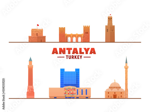Antalya ( Turkey ) city landmatks in white background. Vector Illustration. Business travel and tourism concept with modern buildings. Image for presentation, banner, placard and web site.