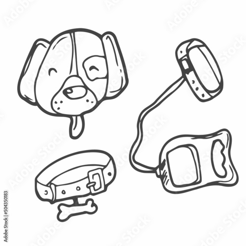 Dog accessories - pet equipment hand-drawn illustration, sketch style. vector dog collar and dog head character