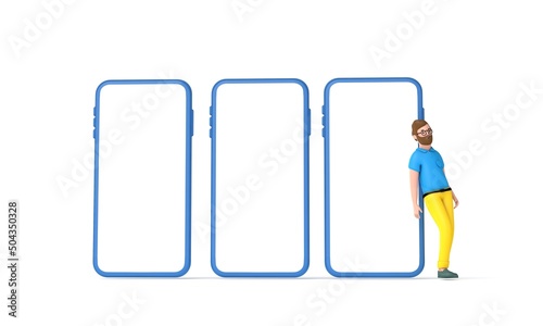 Hipster man cartoon character standing next to a large smartphone with a blank mock up screen . 3D Render