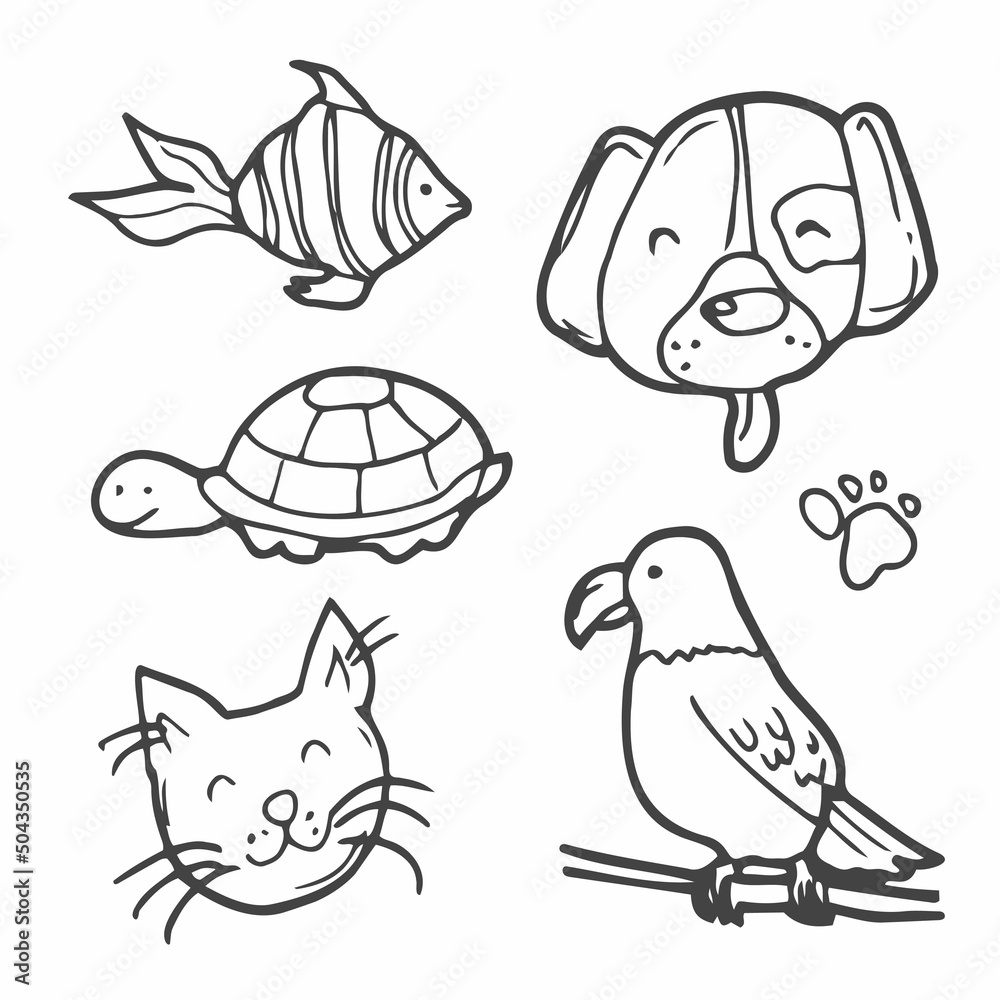 Obraz premium Different pets in various poses. Hand drawn vector set of home pets goldfish, cat, dog, parrot, turtle. Simple minimal trendy illustration. Flat design. All elements are isolated