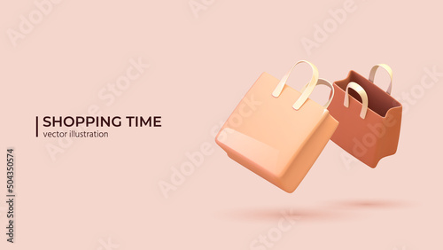 Realistic 3d Empty Shopping Bags. Online shopping and holiday promotions concept in cartoon minimal style. Vector illustration