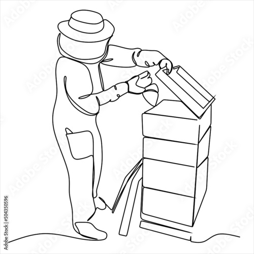 Beekeeper working illustration, drawing, line art, vector
