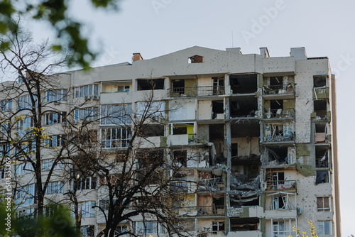 Chernihiv Ukraine 2022: A destroyed building after air attack. Result of rocket or artillery shelling residential buildings by Russian Federation army.Ruins during War of Russia against Ukraine.