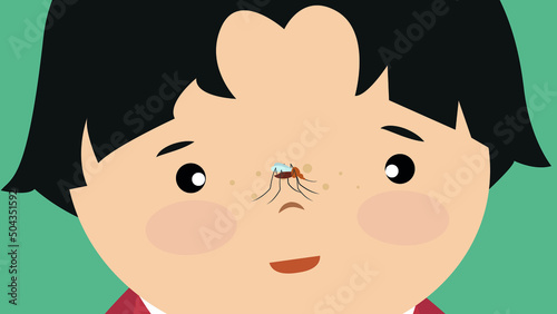 mosquito sits on the boy's face