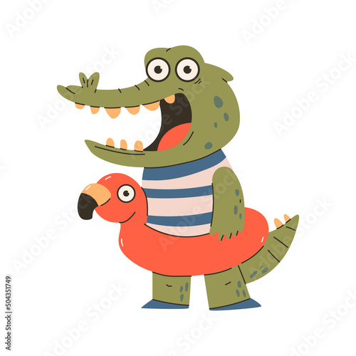 Cute crocodile with flamingo rubber ring vector cartoon character isolated on a white background.