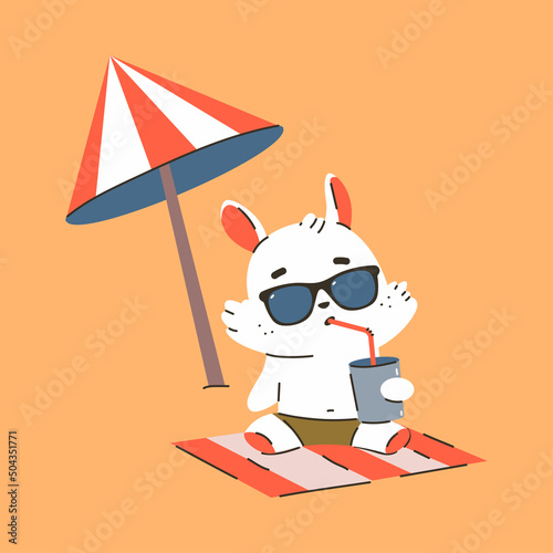Cute bunny sunbathing under beach umbrella vector cartoon character isolated on a white background.