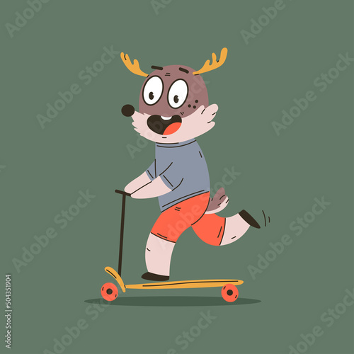 Cute deer on kick scooter vector cartoon character isolated on a white background.