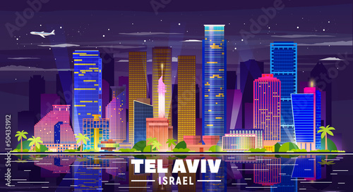 Tel Aviv Israel night skyline with panorama in sky background. Vector Illustration. Business travel and tourism concept with modern buildings. Image for presentation, banner, web site.