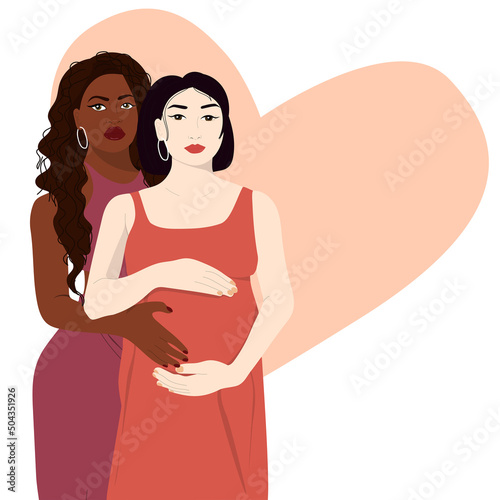 Pregnant lesbian couple. Modern banner about pregnancy and motherhood.