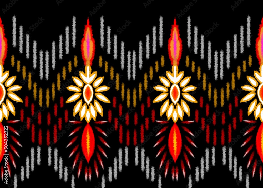 Ikat art pattern Abstract indigenous ethnic costume print on black background. Ikat art pattern Abstract indigenous ethnic costume print on black background.