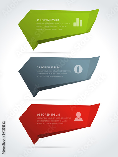 Geometric colored abstract speech bubble shape business planning strategy steps realistic 3d template vector illustration. Origami paper information layout options educational creative chart