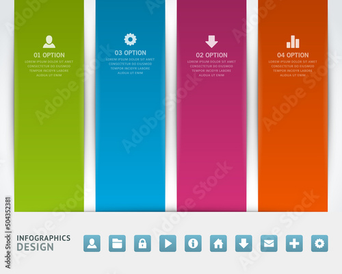 Abstract infographics design multicolored rectangle columns steps business options data analyzing realistic 3d template vector illustration. Geometric educational information structure web icons set