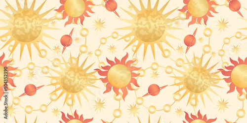 Star celestial seamless pattern with sun and planet. Magical astrology in vintage boho style. Golden sun with rays and moon phase. Vector illustration