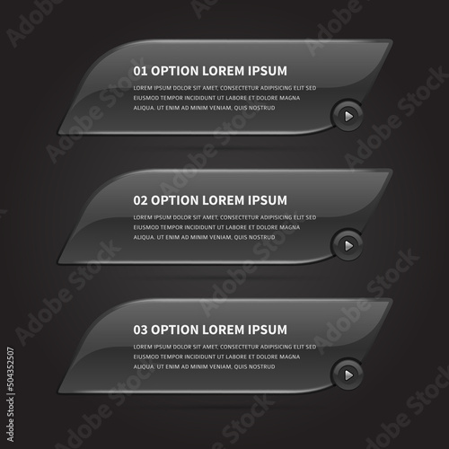 Creative black infographics element steps options diagram design with numbers plan video play option user interface realistic vector illustration. Business presentation horizontal workflow menu index