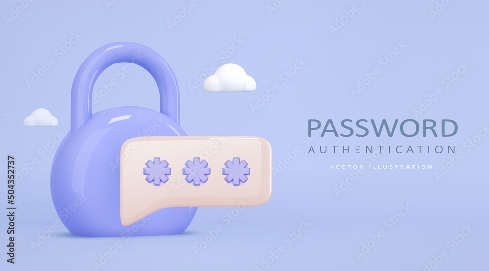 Template with 3d render padlock, clouds and otp code password icon. Concept identification, rights of access, secure network,data security. Realistic vector illustration Template with 3d render padlock, clouds and otp code password icon. Concept identification, rights of access, secure network,data security. Realistic vector illustration
