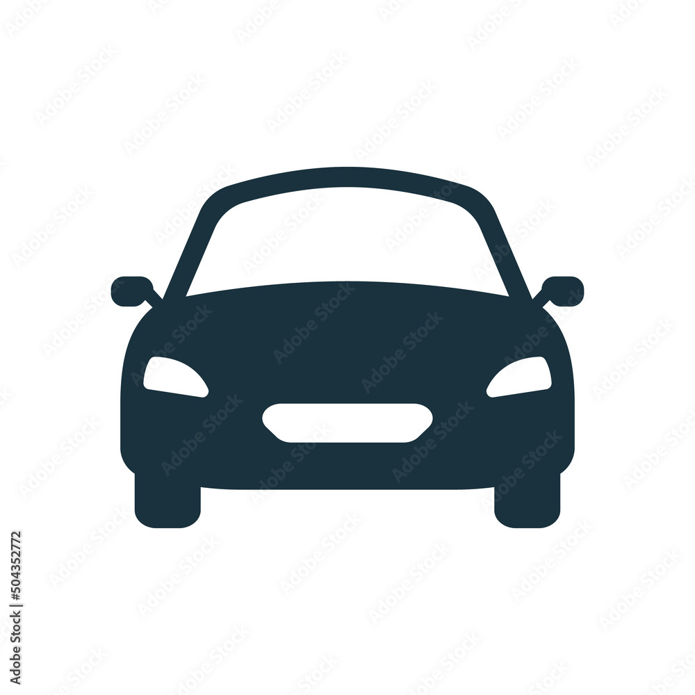 Black Car Silhouette Icon on White Background. Modern Shape of Auto Vehicle Transport Glyph Pictogram. Automobile Symbol in Front View. Classic Automotive Sign. Isolated Vector Illustration