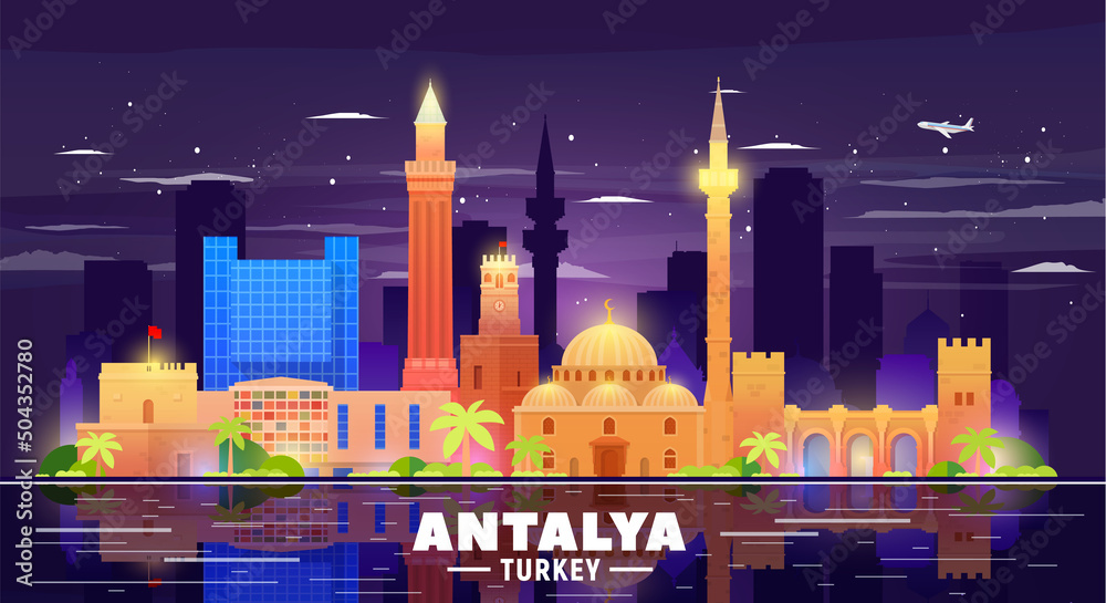 Naklejka premium Antalya ( Turkey ) skyline with panorama in night background. Vector Illustration. Business travel and tourism concept with modern buildings. Image for presentation, banner, placard and web site.
