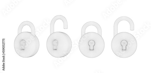 3d grid closed and open padlocks. Set wireframe lock icon design element for security concept,wed password, firewall,access. Vector illustration.