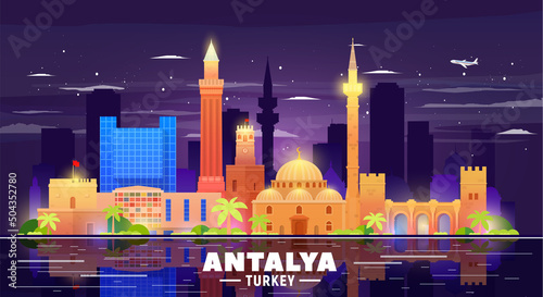Antalya ( Turkey ) skyline with panorama in night background. Vector Illustration. Business travel and tourism concept with modern buildings. Image for presentation, banner, placard and web site. photo