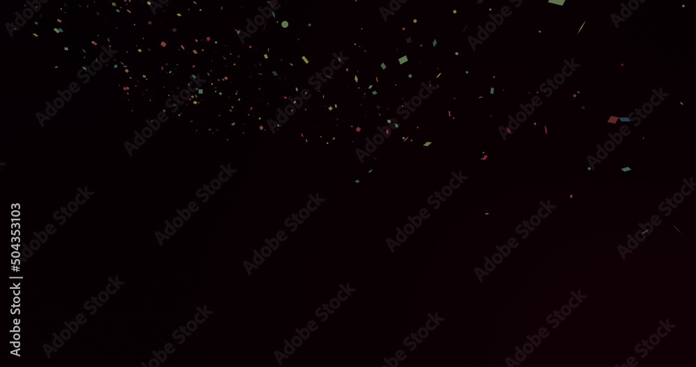Image of congrats text, confetti and colourful balloons on black background