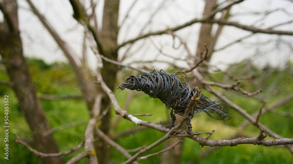 Naklejka premium a wire bird sits on a branch in the garden