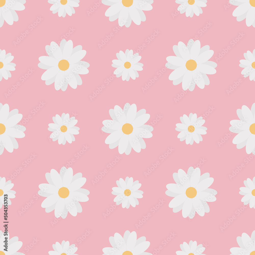 Camomiles. Delicate white flowers. Repeating vector pattern. Isolated pink background. White daisies. Seamless summer ornament. Delicate floral background. Flat style. Flowering plant. Idea 