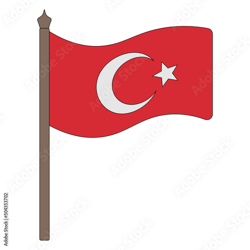 Turkish flag. Vector illustration. The red fabric is decorated with a white crescent and a star. The national symbol of the state develops in the wind. Cartoon style. Isolated background. 