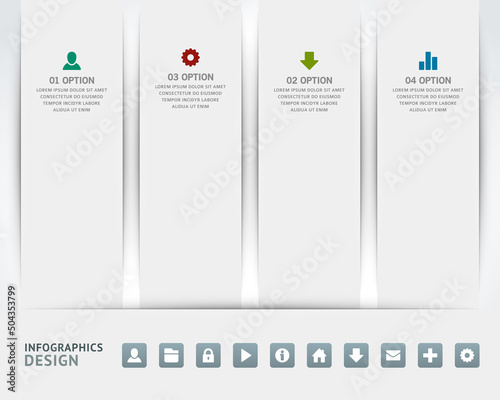 White vertical columns rectangle geometric business steps option menu user interface web icons set realistic template vector illustration. Marketing strategy timeline agenda workflow report