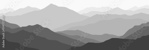 Mountain ranges in the morning haze, black and white landscape, banner