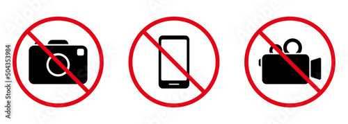 No Video Photo Camera Mobile Phone Black Silhouette Ban Icon Set. Photography Forbidden Area Pictogram. No Allowed Zone for Recording Red Stop Symbol. Camera Prohibited. Isolated Vector Illustration