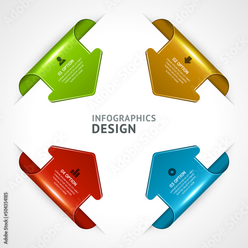 Glossy curved arrows origami style number option banner infographic scheme realistic template vector illustration. White rhombus geometric information design navigation spiral wave menu dynamic button