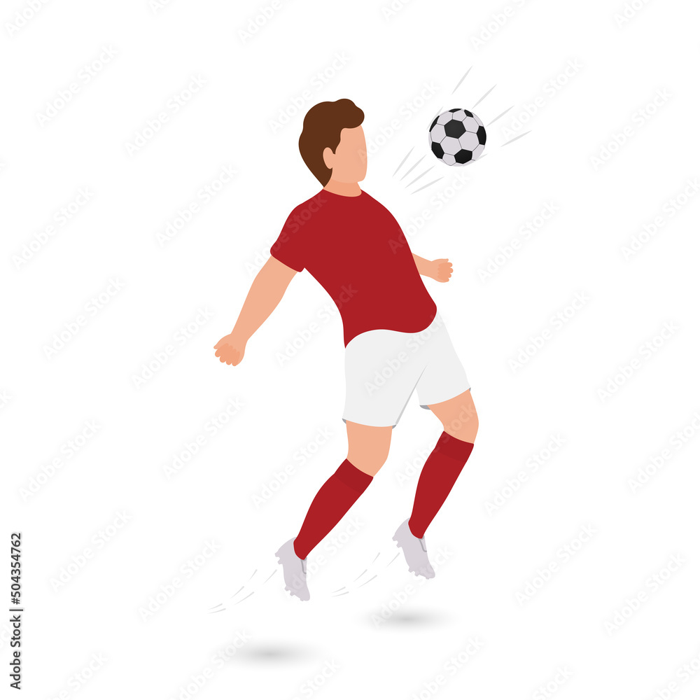 Cartoon Male Soccer Player Hitting Ball From Chest On White Background.