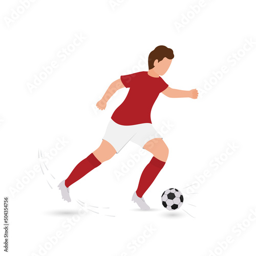 Cartoon Male Soccer Player Kicking Ball On White Background.