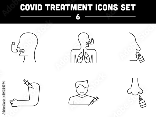 Covid Treatment From Vaccination With Nasal And Throat Medicine Black Outline Icon Set.