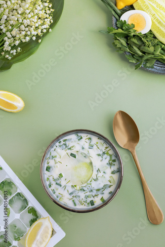 Cold soup with yogurt, lemon, cucumbers on light green background 