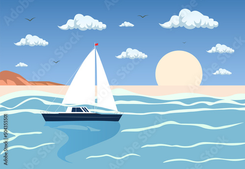 Boat on beach with clouds, sand. Beautiful landscape. Summer background